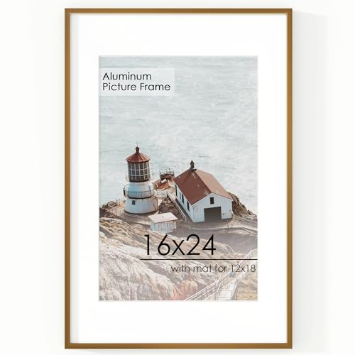 16x24 Frame | 16x24 Poster Frame With Mat For 12x18 | Metal Aluminum Picture Frame With Tempered Glass | Minimalist Modern Poster Frame | Hanging Hardware Included | Bronze