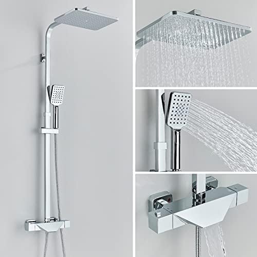 Mitigeur thermostatique de douche noir ou chrome avec colonne de douche effet pluie 8 pouces