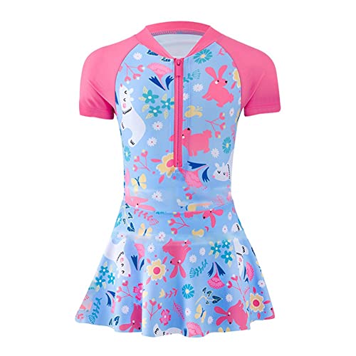 L PATTERN Bañador Niña Bikinis Traje de Baño de 1 Pieza de Secado Rápido Monokini Anti-UV Falda de Baño con Protección Solar para Adolescente Niña, Azul, L/2-3 Años