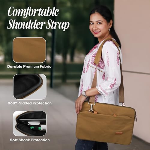 Image of Protecta Grace Office Laptop Messenger Bag for Men and Women Canvas Look Laptop Briefcase Water Repellent Padded Laptop Messenger Sleeve Bag 15.6 Inch Ideal for Office & Work in Color Khaki