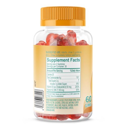 Biobor Natural Vitamin D3 K2 Gummies, 2000 IU Vitamin D3 & 100 mcg Vitamin K2,Supports Healthy Bone, Immune Health Supplement, GMO Free, Gluten Free (Strawberry, 60 Count)