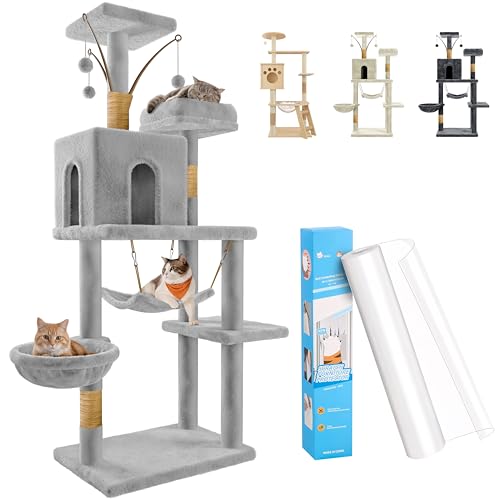 JUPPLIES Árbol Rascador para Gatos 143 cm – Torre de Actividades con 5 Plataformas, 3 Nidos, 1 Casa y Hamaca, Postes de Sisal y Base Estable 60 × 40 cm – Castillo Gris + Protector 20x300cm