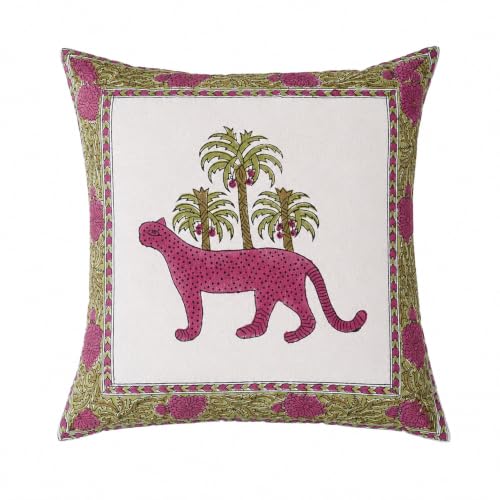 Image of Cotton Cushion Covers 16x16 Inch - Hand Block Floral Print Pillow Covers for Sofa, Couch & Bedroom (Pack of 5) (Pink White)