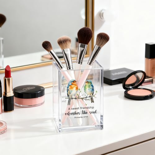Image of A Sweet Friendship Makeup Organizer Pen Holder for Desk Accessories | Religious Gifts Pen Organizer for Sister Bestie Friend, Proverbs 27:9 Friendship Gifts Desk Accessories for Christian BFF