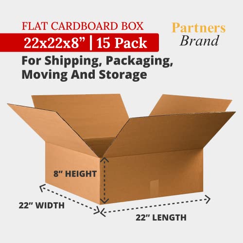Image of PARTNERS BRAND 22x22x8 Flat Corrugated Boxes, Flat, 22L x 22W x 8H, Pack of 15 | Shipping, Packaging, Moving, Storage Box for Home or Business, Strong Wholesale Bulk Boxes