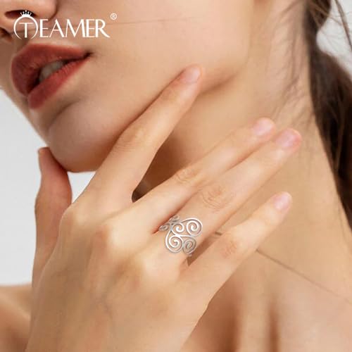 TEAMER Vintage Filigree Flower Ring Stainless Steel Elegant Flower Ring Wedding Band Ring for Women2