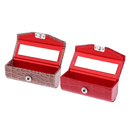 Custodia per Rossetto pelle Donna Da 2 Pezzi con Rettangolo Porta a Specchio per Borsa Da Viaggio Rosso marrone