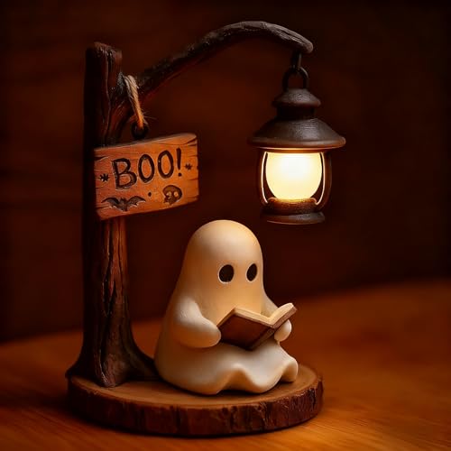 BRKYKGK Halloween Figurine Lamps Cute Ghost Lamp Statue Night Light with Ghost Reading Book Designs Indoor Party Decor Halloween Lamp for Home Table Room Kitchen Office Indoor Decorations