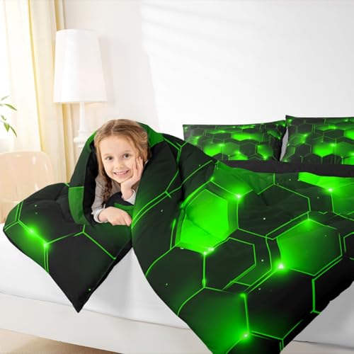 Image of Feelyou Geometrics Honeycomb Bedding Set Kids Toddler King, Beehive Geometric Comforter Set Honeycomb with Green Yellow Neon Lights Comforter Hexagonal Duvet Set Durable Quilt Set King Size