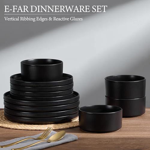 Image of E-far 24-Piece Stoneware Dinnerware Sets, Plates and Bowls Sets for 8, Kitchen Dinning Porcelain Ribbed Dishes Set, Chip & Scratch Resistant, Dishwasher & Microwave Safe, Matte Black