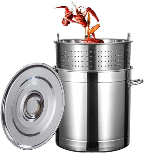 AYCDL Olla Multiusos para Caldo Y Vaporera, para Cangrejos Y Mariscos, con Colador Y Tapa, Ideal para Sopas, Guisos Y Pastas, con Asa Remachada, 50 L/45 Qt，50L/45Qt