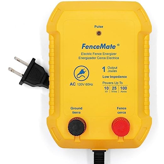FenceMate AC Powered Electric Fence Charger Output 1J up to 25 Miles to Contain Livestock, Poultry, Low Impedance Fencer to Protect Homestead, Garden, Pond, Orchard,Fence Energizer Peak 10 kV