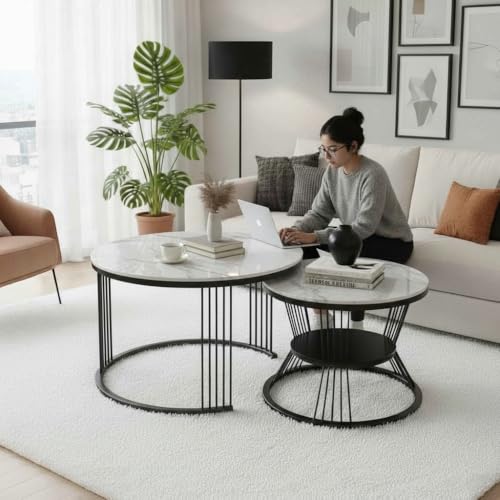 Image of Round Coffee Table Set of 2 for Living Room Wooden Top with Gold Metal Frame Modern Nesting Center Table for Sofa Area Home & Office Furniture (Black White)