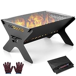 Versatile and Portable: The Odoland Camping Fire Pit is a 2-in-1 wood-burning fire pit and grill that is perfect for camping and outdoor BBQs. It comes with a detachable cooking grate and a carry bag, making it easy to transport and store. High-Quali...