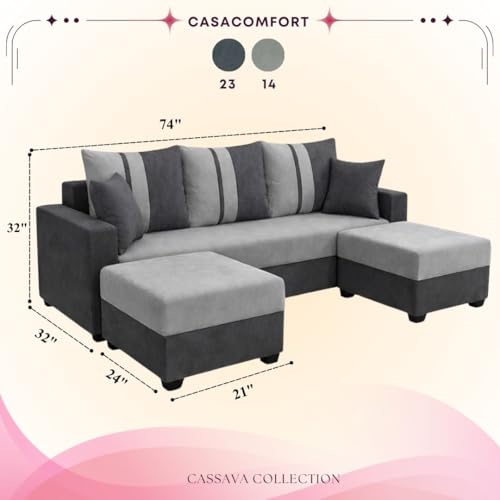 Image of Zenix Dual Tone Rich Velvet Suede 3 Seater Sofa Set with 2 Ottomans | Spacious Soft Touch Comfort Seating | Modern Sofa for Living Room (Dark Gray & Light Gray)