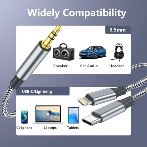 Aux Audio Cable for iPhone, 2 in 1 USB C to 3.5mm Aux Audio Lightning to 3.5mm Audio Cable Fit with iPhone 17 16 15 Plus/14/13/12/11/XR, Galaxy S24/S23/S22, Pixel 8/7/6, iPad to Car Stereo Speaker 4FT