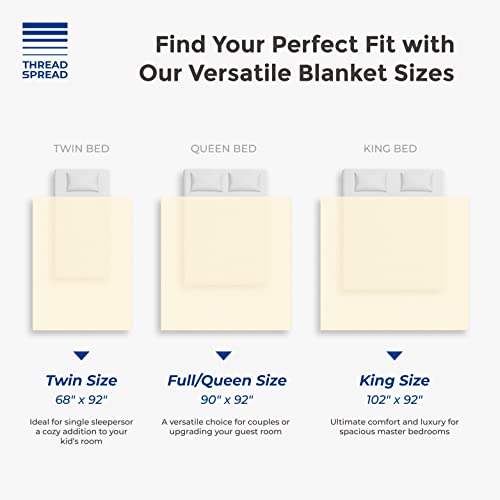 Thread Spread Organic Gots Cotton Blanket, Full/Queen - 350 Gsm, Antistatic, Fuzzy Soft, Lightweight, Sofa, Camping & Travel, Perfect Herringbone All Seasons Throw, Beige + Trendy Tote Bag #TOP4