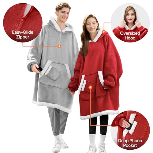 Image of Giggling Getup Wearable Blanket Hoodie for Women Men Gifts for Women Mom Wife Sherpa Fleece Hooded Blanket Sweatshirt Warm Cozy Sherpa Wearable Throw with Giant Pocket & Sleeves for Adult Standard Red