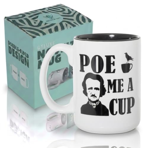 Artisan Owl Edgar Allan 'Poe Me a Cup', Large 15 oz Ceramic White Cup with Black Inlay Coffee Mug– Funny Literary Mug Gift for Book Lovers, Women, Halloween & Edgar Allan Poe Fans