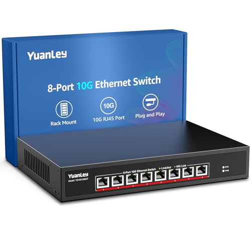 Image of YuanLey 8-Port 10G Ethernet Switch, 8 x 10Gbps RJ45 Ports, Support 10G /5G /2.5G /1G /100Mbps Speed Auto-Negotiation, 160Gbps Switching Capacity, Unmanaged Switch Rackmountable, Plug and Play