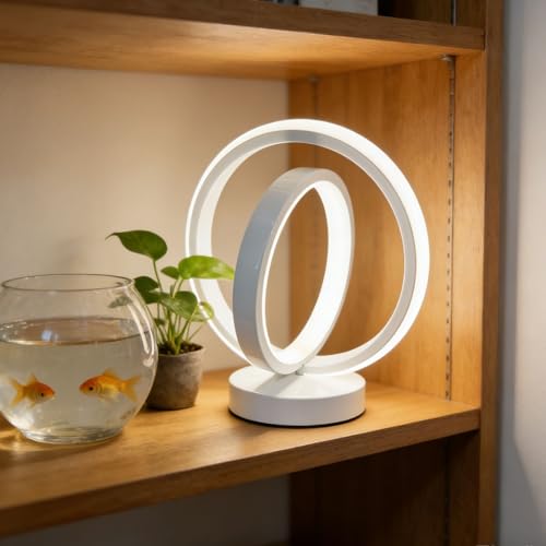 Image of Fespcj Nordic White Double Ring LED Table Lamp USB Powered Unique Bedside Desk Lamp Indoor Decor for Living Room Store Office Kitchen