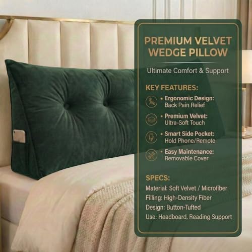 Image of Luxury Velvet Tufted Wedge Pillow with Side Pocket - Soft Headboard Back Support Cushion for Bed, Sofa & Floor Seating - Green Color