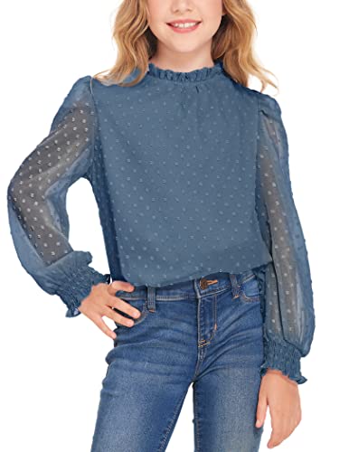 Yimoroe Shirts For Girls Long Sleeve Mock Neck Casual Fall Clothes Tops Cute Swiss Dot Blouse Tees Royal Blue #TOP1