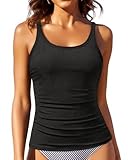 Women Tankini Top Only - Tummy Control Bathing Suit Top Ribbed Swim Tank No Bottom 2025 Black M