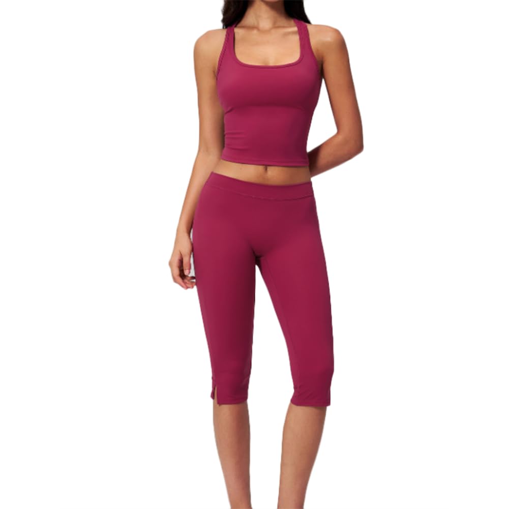 Xyffybhsd Women's Red 2 Piece Yoga Set Square Neck Racerback Top & Low Rise Capri Leggings(Size:m,Color:red)