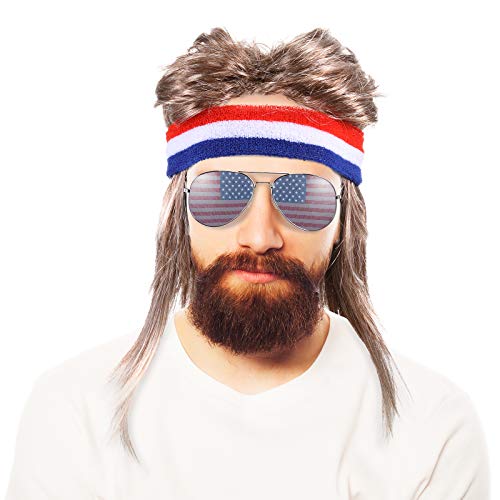 Chuangdi Mullet Wigs Cosplay Halloween Costume 80s Men's Mullet Wig with Patriotic Sunglasses & Wristband for Fancy Dress