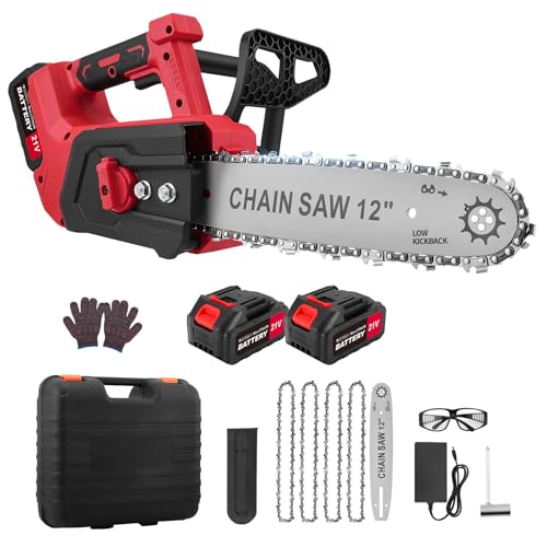 Haedswer Motosierra eléctrica con batería de 12 pulgadas, 2 x 4000 mAh con indicador de carga LED, longitud de corte de 30 cm, motor sin escobillas de 1500 W, sierra de podar inalámbrica para