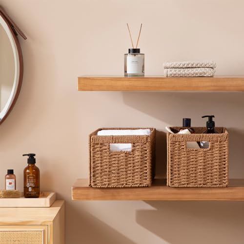 UBBCARE 2 Pack Wicker Basket, 13.4L×8.3H×7.1W inch Woven Paper Rope Storage Baskets for shelves, Foldable Rectangular Storage Baskets with Handle, Storage Basket for Organizing, Caramel by UBBCARE - Image 6
