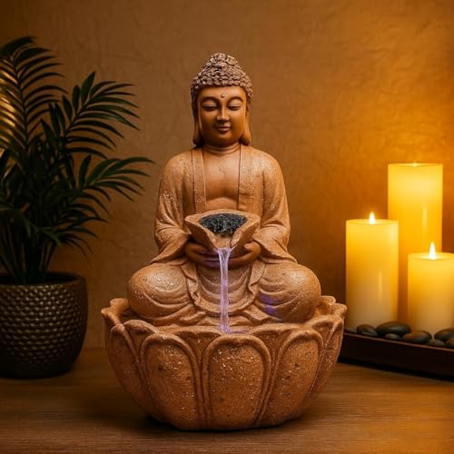 Image of UAG EXPORTS Lotus Buddha LED Tabletop Water Fountain | Premium Fiber & Marble Dust Indoor Waterfall with High-Power Motor | Elegant Decor Showpiece for Home, Office & Meditation Space Color-Copper