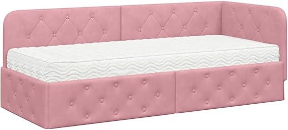 Corner Bed Frame with Mattress, Pink Velvet, 80 x 200 cm, L Shape, Modern Design, Foam Mattress Included, Single Bed with Headboard