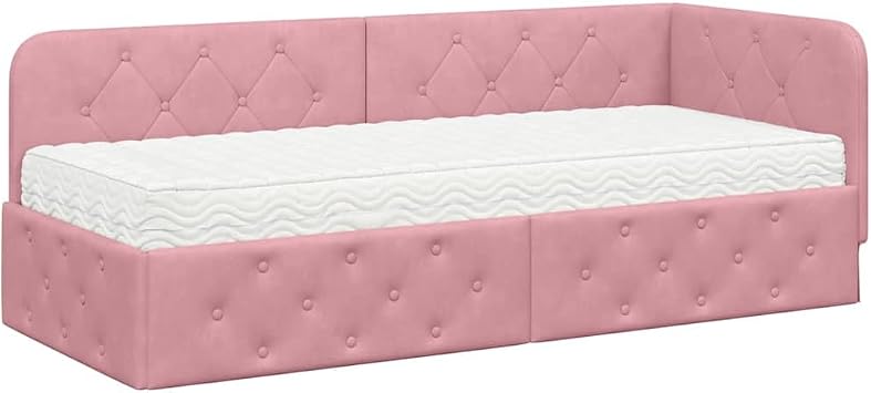 Corner Bed Frame with Mattress, Pink Velvet, 80 x 200 cm, L Shape, Modern Design, Foam Mattress Included, Single Bed with Headboard