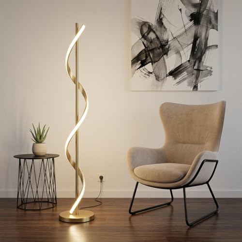 Image of Spiral Floor Lamp 3-Color CCT (Warm + Natural + Cold White) Gold Aluminium LED Standing Lamp for Living Room Bedroom Home Decor