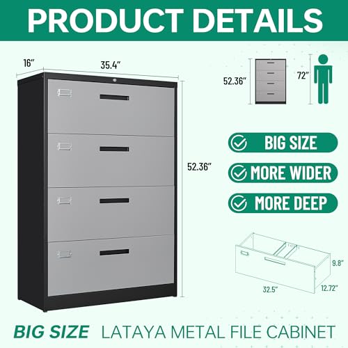 Image of Letaya 4 Drawer Lateral Metal Filing Cabinet with Lock-File Cabines-Organization Storage Cabinets for Home Office-Hanging Letter /Legal /F4 /A4 Size (4 Drawer-Grey Black)