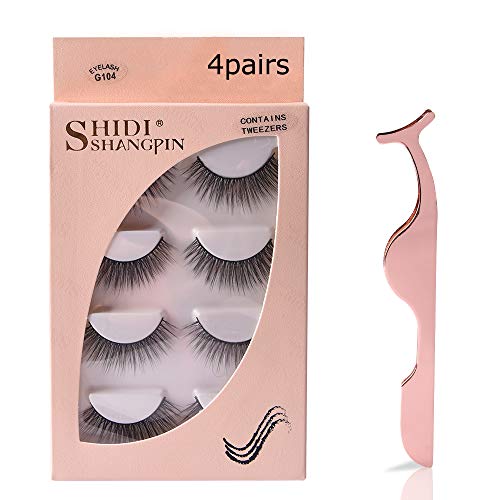 4 Pairs False Eyelashes Reusable Face Eyelashes Fit for All Eyes Free Eyelash Tweezers, Natural Thick Hand-Made 3D Faux Mink Eyelashes for a Beautiful Makeup Look (Natural)