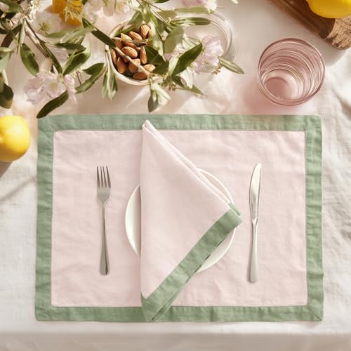 Linen World 100% French Linen Placemats Set of 4,21 x 15 Inch Double Layer Table Mats,Washable Heavyweight Placemats for Holiday Dining Kitchen Decor,Blush Pink with Sage Green Contrast Border