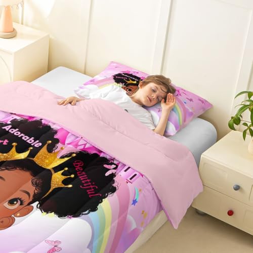 Image of Erosebridal Black Girls Twin Bedding Set Rainbow Princess Magical Comforter Set for Nursery Kids African American Quilt Black Princess Girl Duvet Insert Pretty Little Girls Inspirational Bed Set