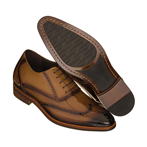 Image of CALTO Men's Invisible Height Increasing Elevator Shoes - Dark Brown Patent Leather Lace-up Wing-tip Formal Oxfords - 3 Inches Taller - S1017 - Size 6 D(M) US