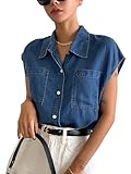 Verdusa Women's Pocket Front Cap Sleeve Button Up Denim Blouse Shirt Top Blue Medium