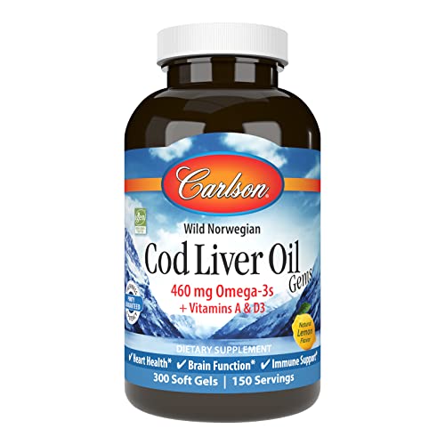 Carlson - Cod Liver Oil, 460 mg Omega-3s + Vitamins A & D3, Wild-Caught Norwegian Arctic Cod-Liver Oil, Sustainably Sourced Nordic Fish Oil Capsules, Lemon, 300 Softgels