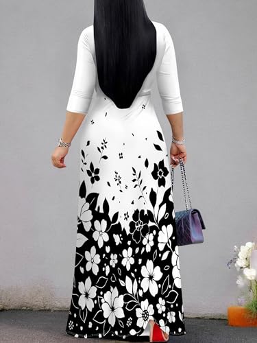 Image of Plus Size Dresses for Women Floral Print Maxi Dress Flowy 3 /4 Sleeve with Belt