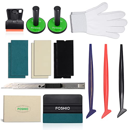 FOSHIO Vehicle Vinyl Wrap Window Tinting Film Tool Kit with Mini Plastic Scraper, Wool Squeegee, Vinyl Cutter, Magnet Holder, Hand Gloves,3 Kinds of Squeegee Felts & Flexible Micro Contoured Squeegee