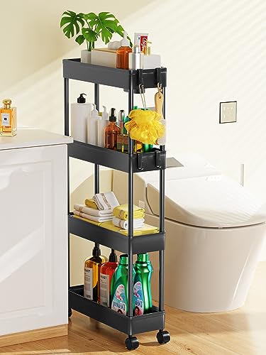 LEHOM 5.1\" Slim Storage Cart - 4 Tiers Bathroom Organizer Mobile Shelving Unit Storage Rolling Utility Cart Slide Out Organizer for Kitchen Bathroom Laundry Narrow Places - Thumbnail 5