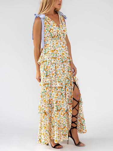 Image of Wenrine Womens Summer Floral Maxi Dress Tie Strap Sleeveless V Neck High Slit Boho Ruffle Tiered Beach Dresses