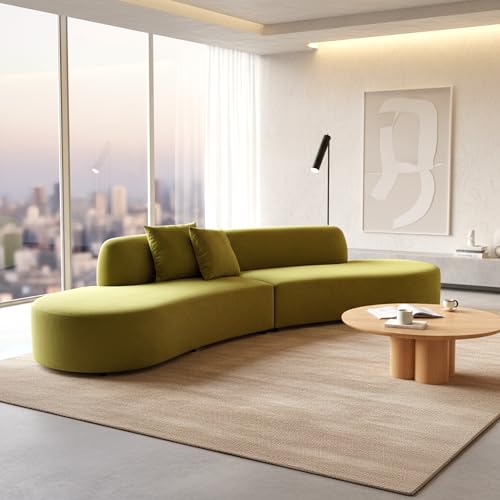 Image of Container Furniture Direct Belmont 132 inch Curved Sofa with Throw Pillows, 6 Seater Luxury Velvet Couch with Half Moon Design and High-Density Foam, Ideal for Living Room, Office & Apartment, Olive Green