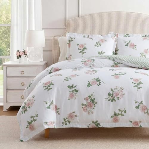 Image of Martha Stewart - Twin Comforter Set, 100% Silky Smooth Cotton Sateen Floral Bedding for Year Round Comfort, 2 Piece Bed Set with Matching Pillowcase (Tea Rose Pink)