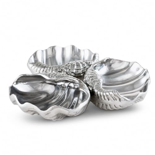 Arthur Court Clam 3-Bowl Server - Premium Aluminum Coastal Dishware - Perfect for Entertaining - 9" Diameter